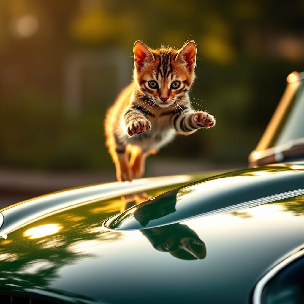 Vibrant Bengal Cat Leaps off Jaguar E-Type in Golden Light
