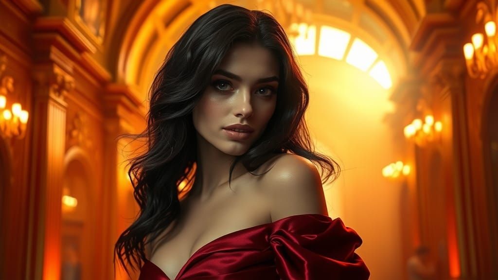 Elegant Woman Posing in Dreamlike Setting, Pre-Raphaelite St...