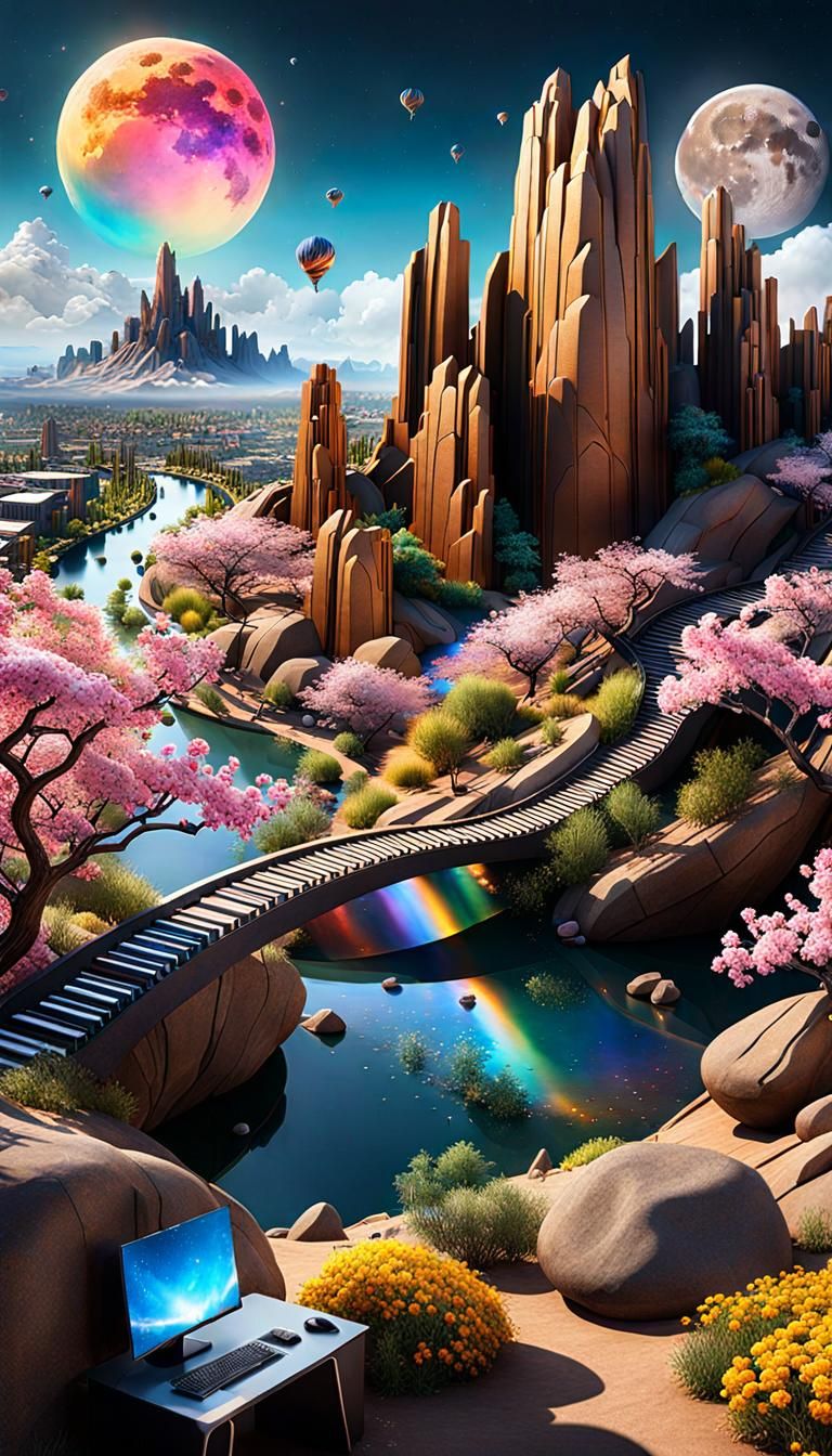 Gaming PC Setup on Hill - overview the beautiful fantasy wor...