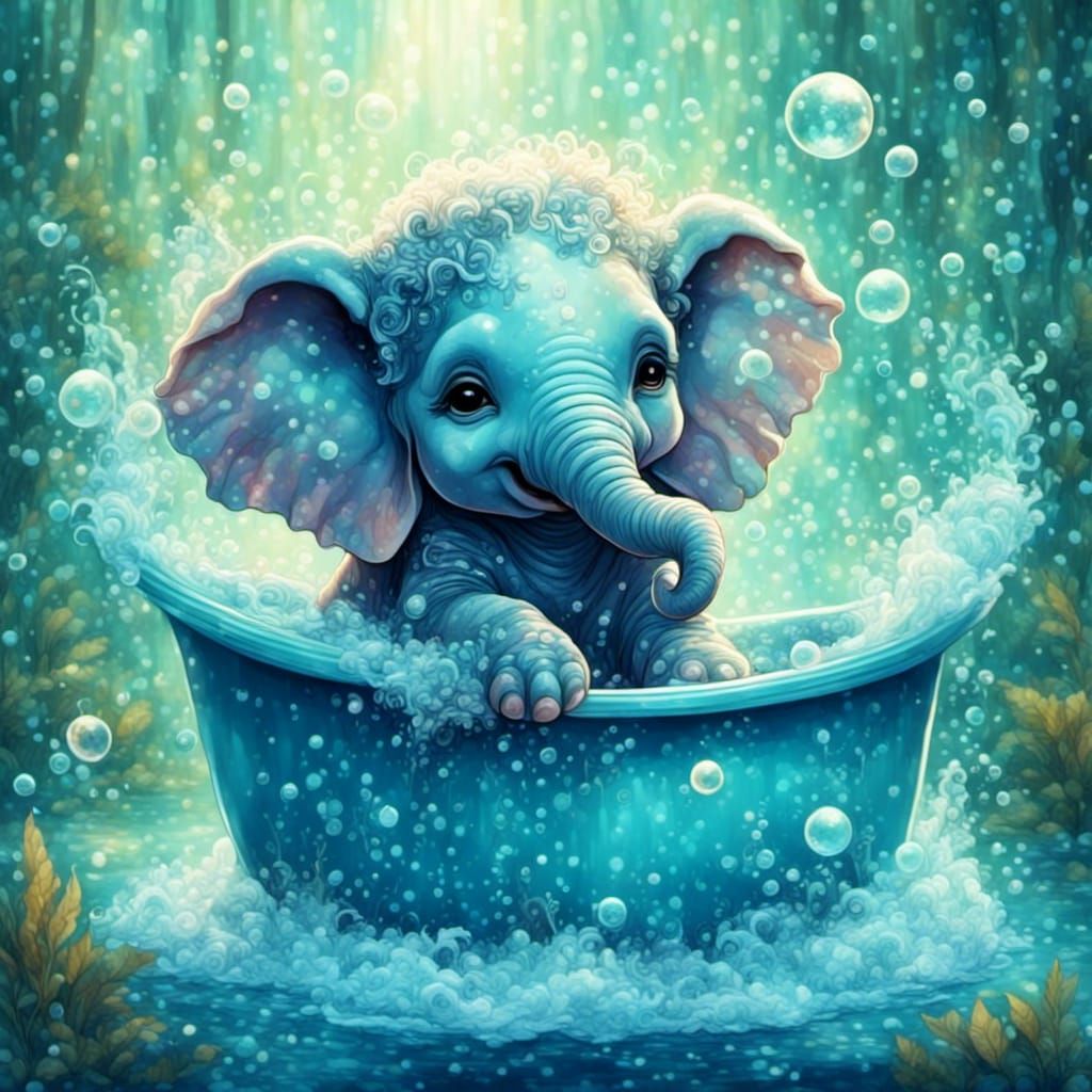 Baby Elephant's Bubble Bath: Watercolor Style