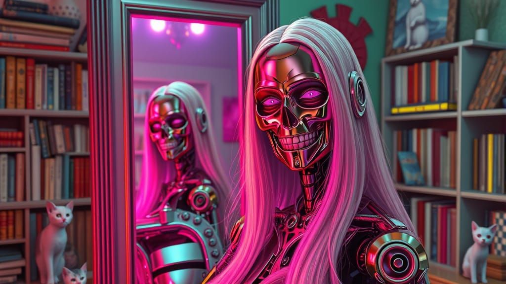 Smiling Cyberpunk Terminator Robot in Neon Room