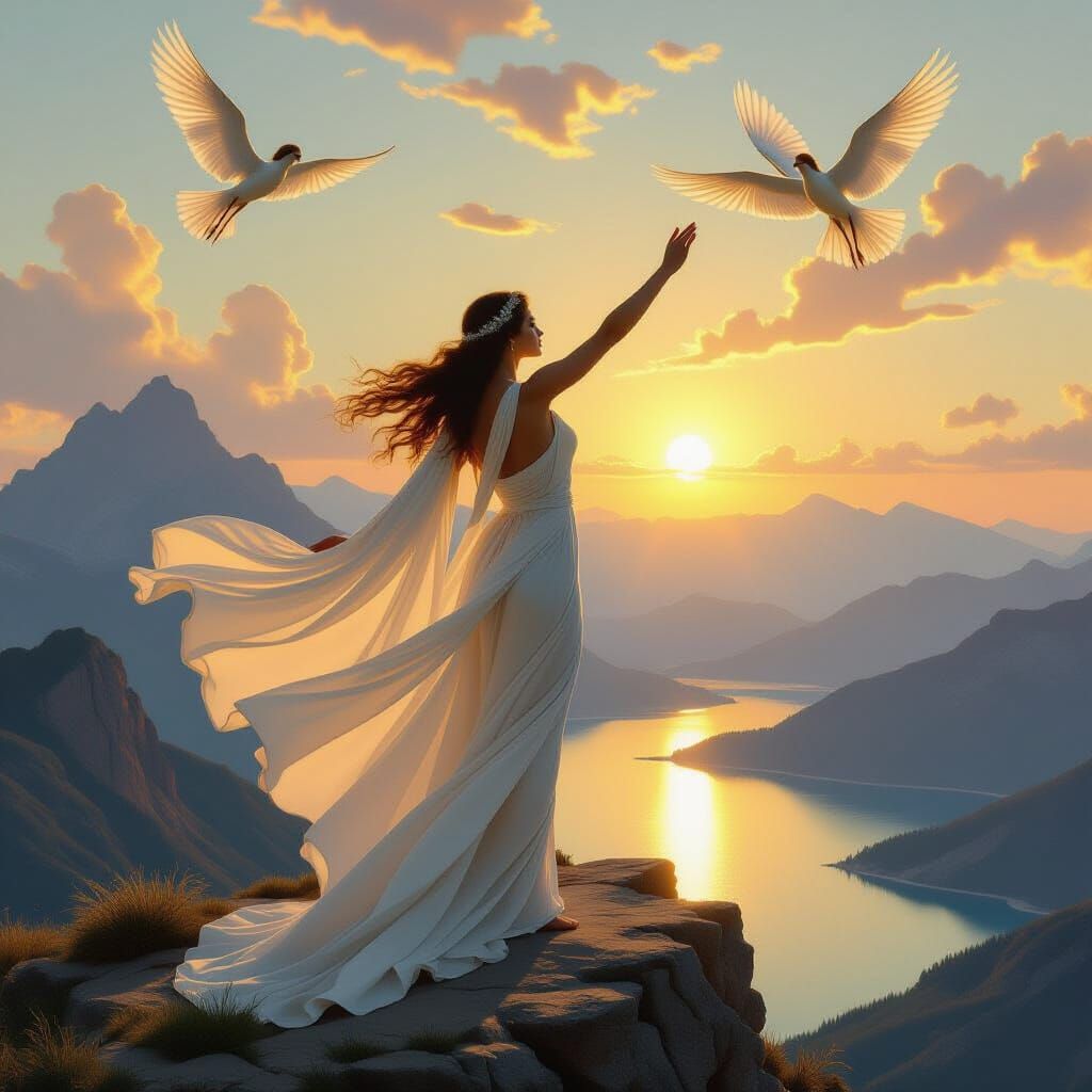Ethereal Greek Goddess on Mountain Peak at Sunrise