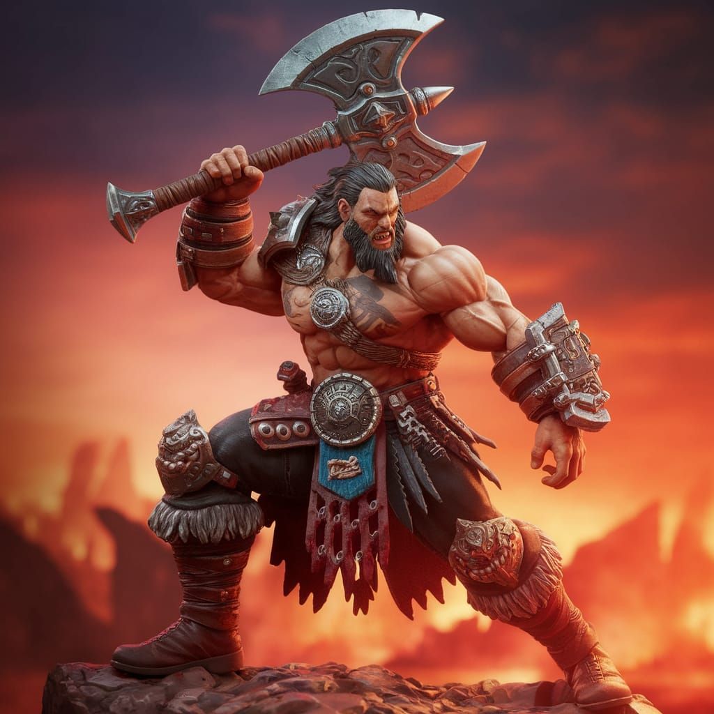 Action figure box art. A rugged barbarian warrior in a dynam...