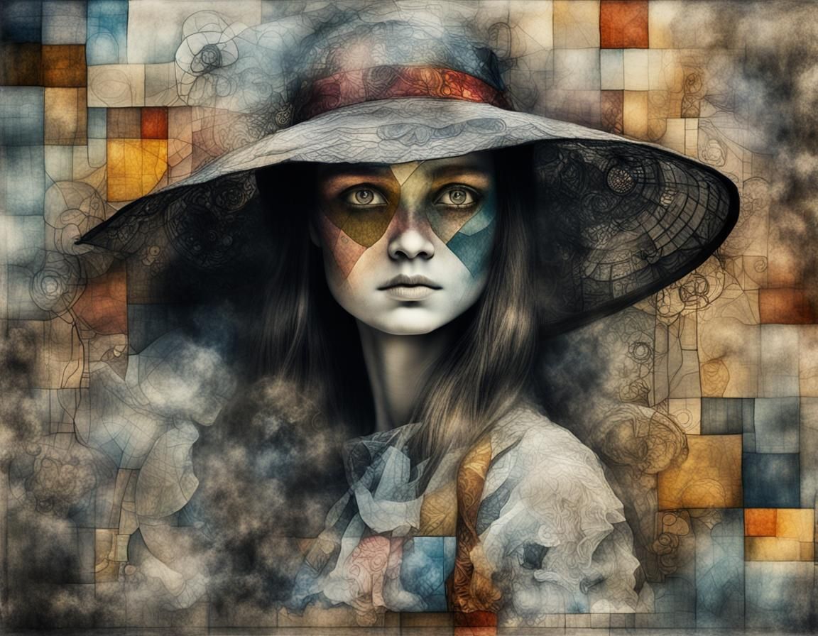 Mysterious Girl Portrait in Smoke, Art Brut Style