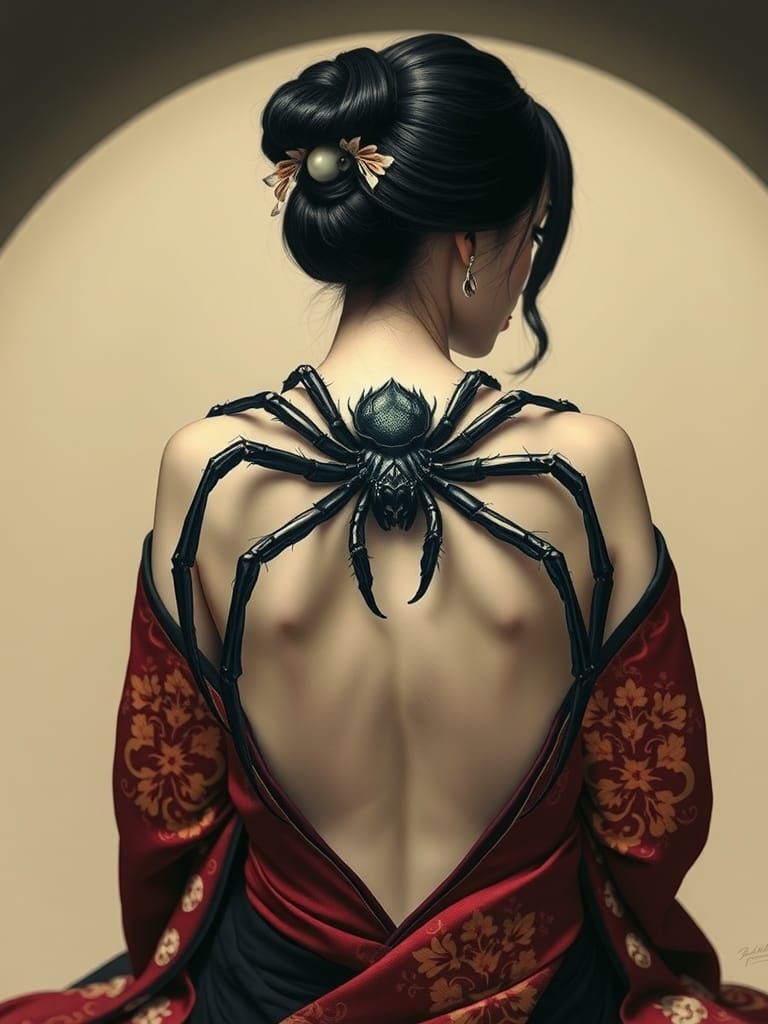Japanese Woman with Spider Tattoo in Gothic Style
