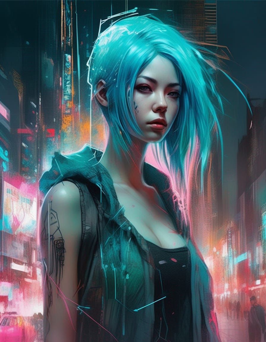 Neon Cyberpunk Girl Portrait in Digital Illustration