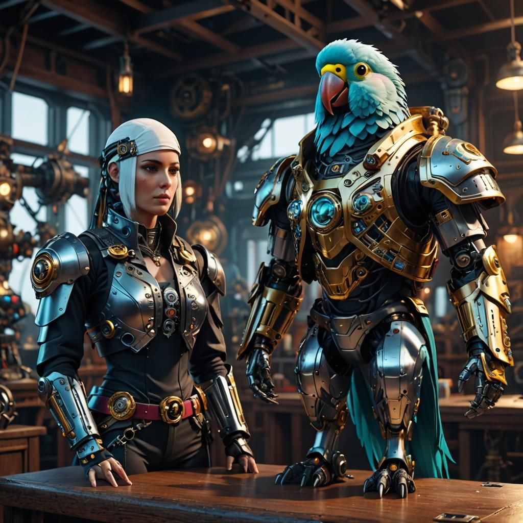 Cyborg Parakeet Pirate in Sci-Fi Setting
