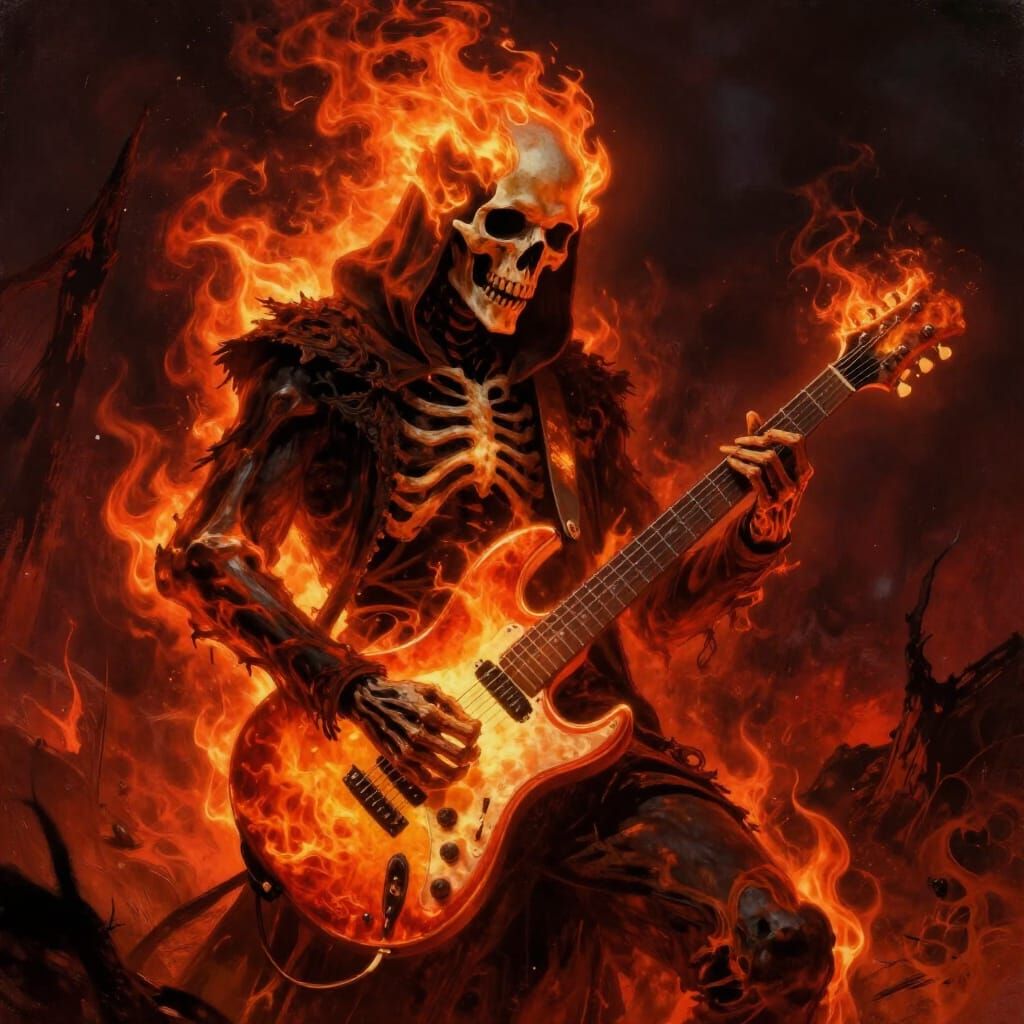 Grim Reaper Plays Fiery Guitar in Dramatic Fantasy Art