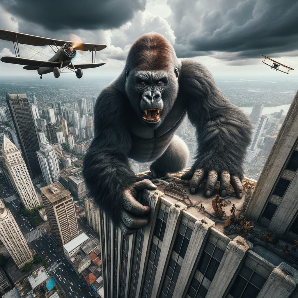 Giant Gorilla Ascends Skyscraper in Stormy Cityscape