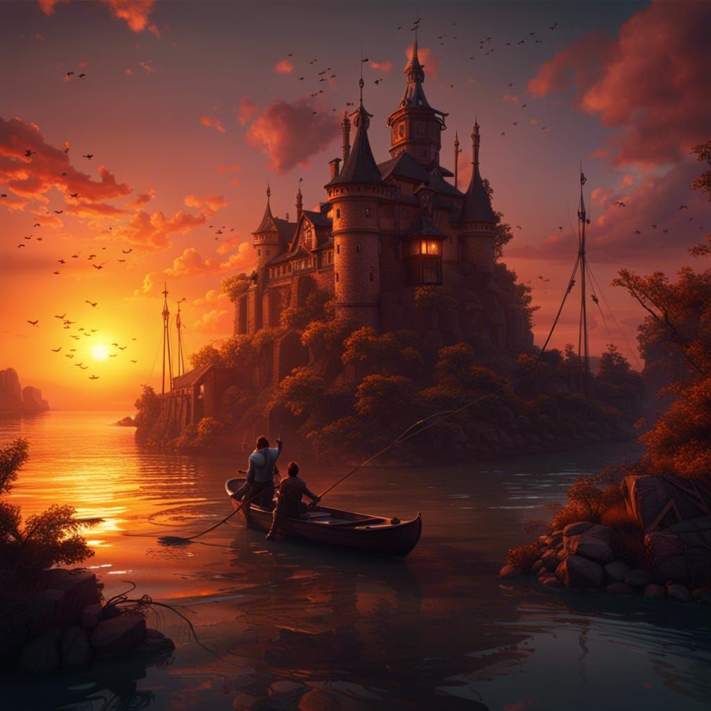 Sunset Fishing: Detailed Matte Painting in 8k