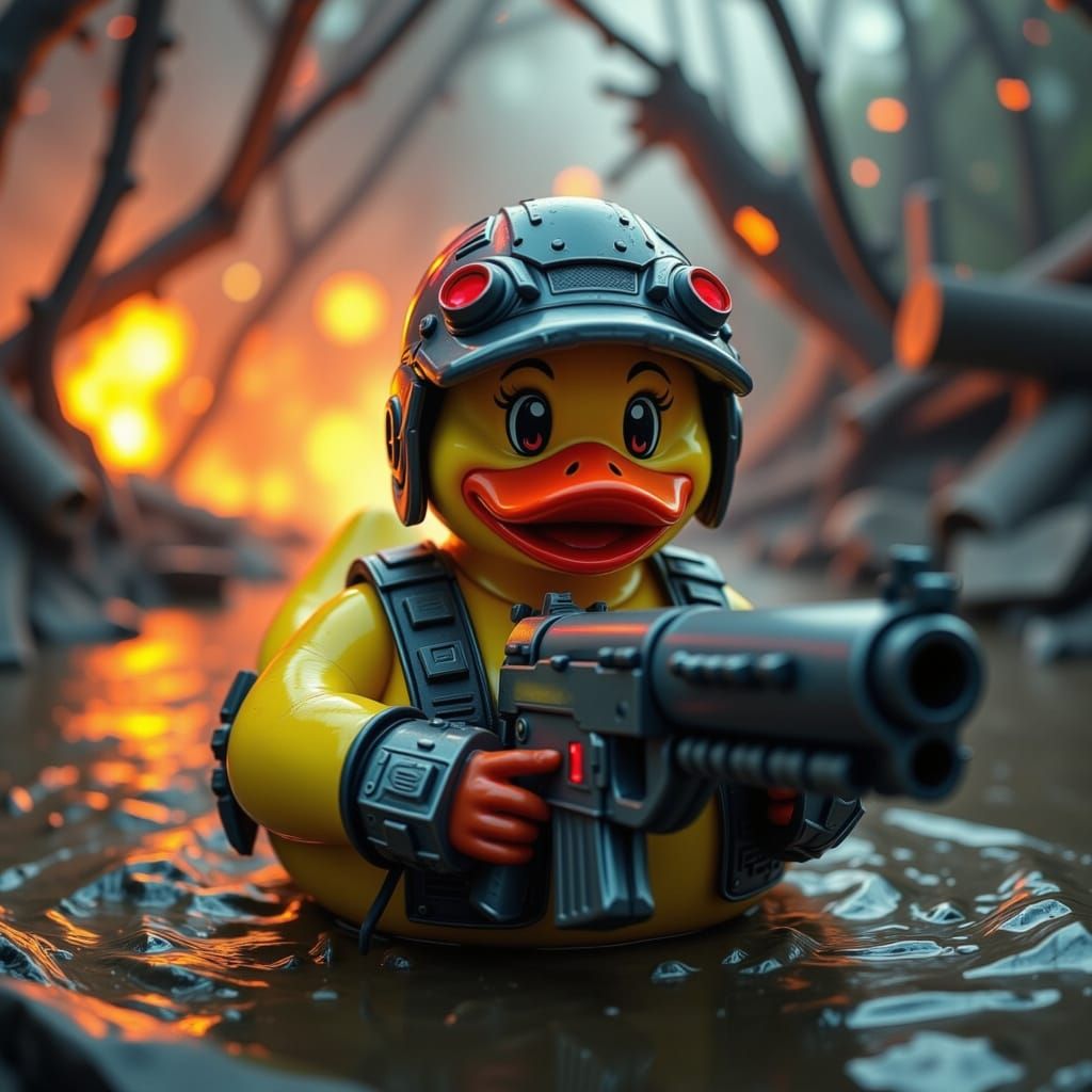 Cyberpunk Rubber Duck Rambo in War-Torn Forest