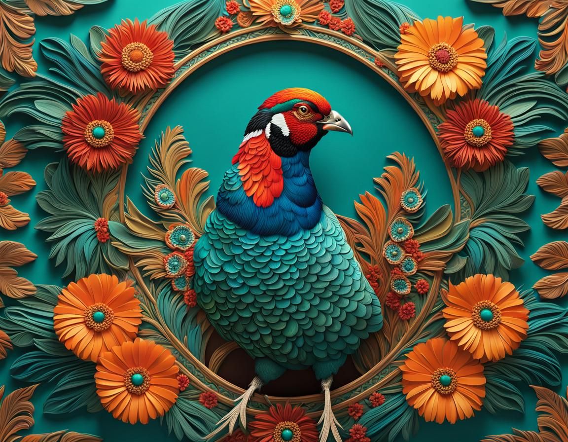 Detailed Pheasant with Colorful Feathers on Teal Marble