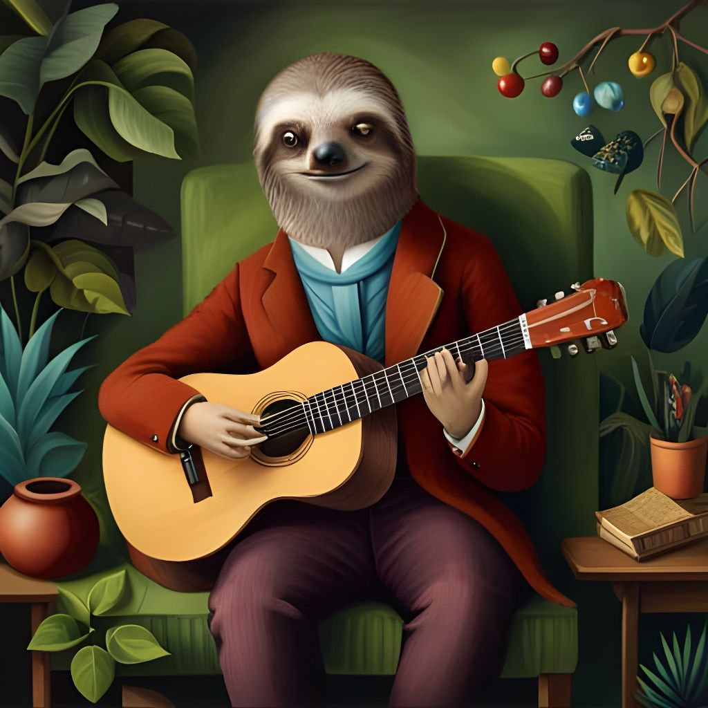 Sloth Guitarist: Matte Gouache Painting