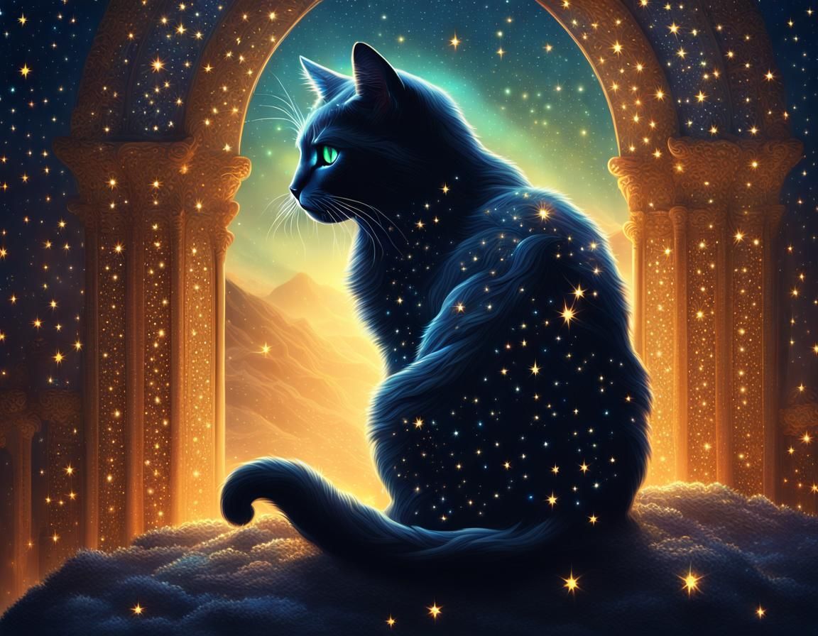Lonely Cat Silhouette in Prismatic Starlight