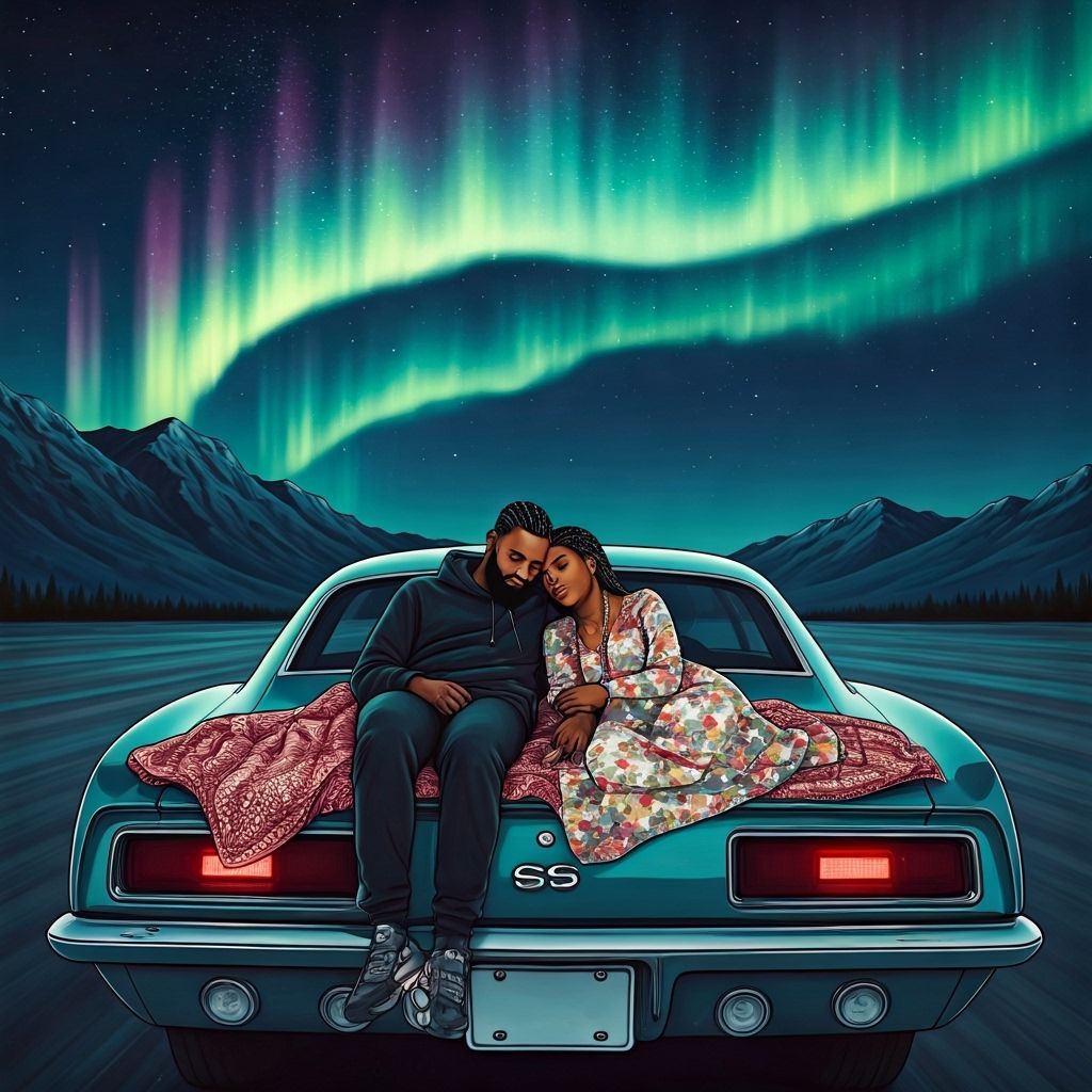 Stylish Black Couple Cuddling Under Aurora Borealis