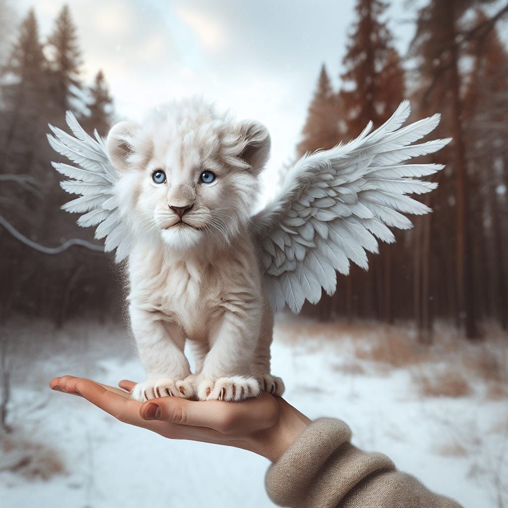 Winged Lion Cub on a Hand: A Magical Scene