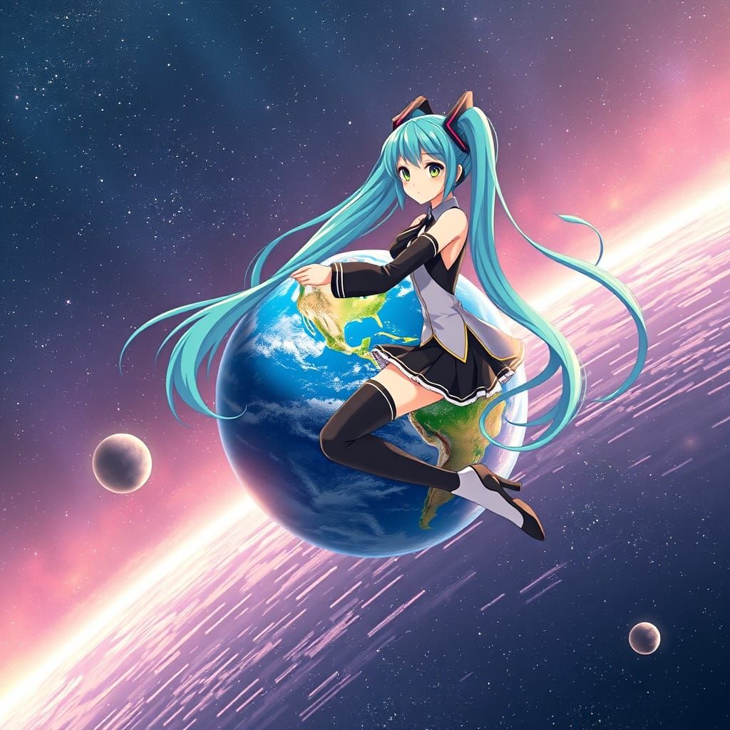 Giantess Hatsune Miku in Cosmic Embrace, Anime Concept Art