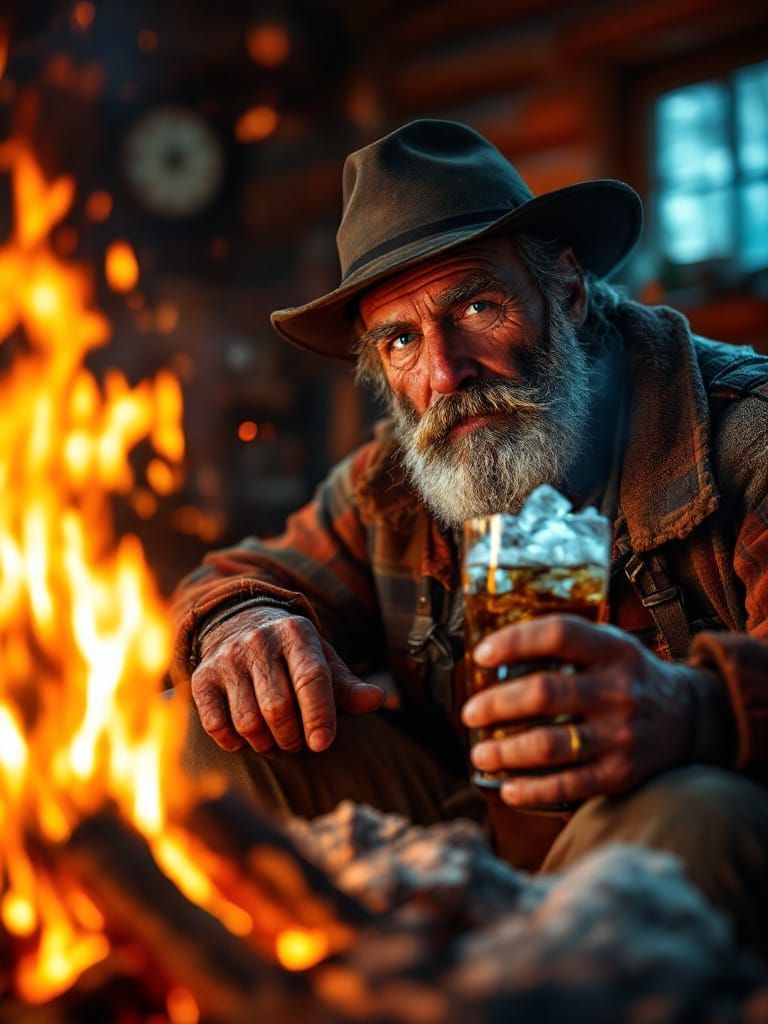 Lumberjack Relaxing by a Roaring Fire in Log Cabin