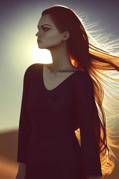 A Spiritual  moment alone , A Windswept woman long hair, rim light, deep light silhouette, portrait, side-profile, conto...