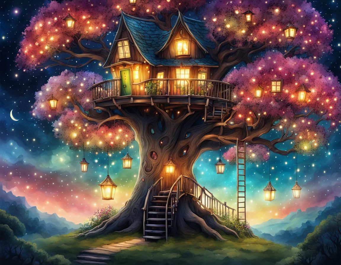 Magical Treehouse in Blooming Tree, Watercolor Style