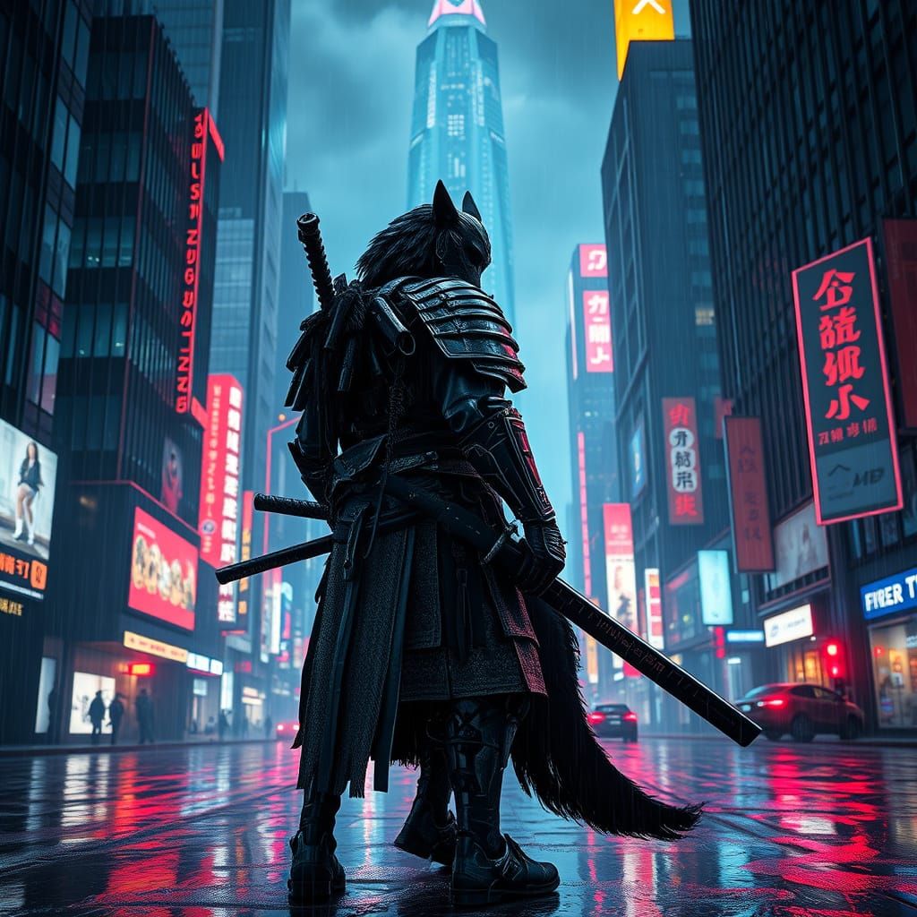 Cyberpunk Wolf Samurai Guarding Neon City