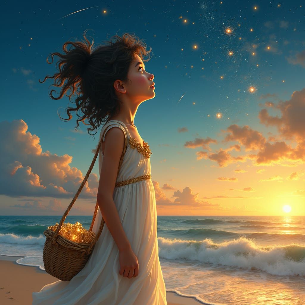 Mystical Seashore Girl Chases Shooting Stars Under Golden Su...
