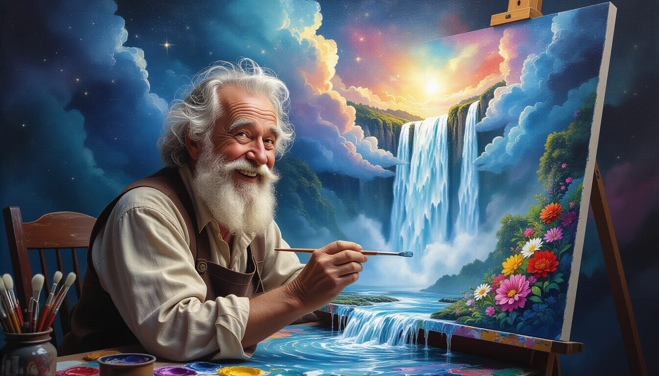 Cosmic Waterfall Erupts in Watercolor Style