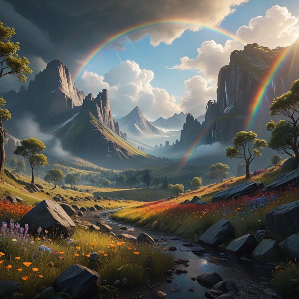 Surreal Rainbow Landscape with Cinematic Lighting and Post-I...