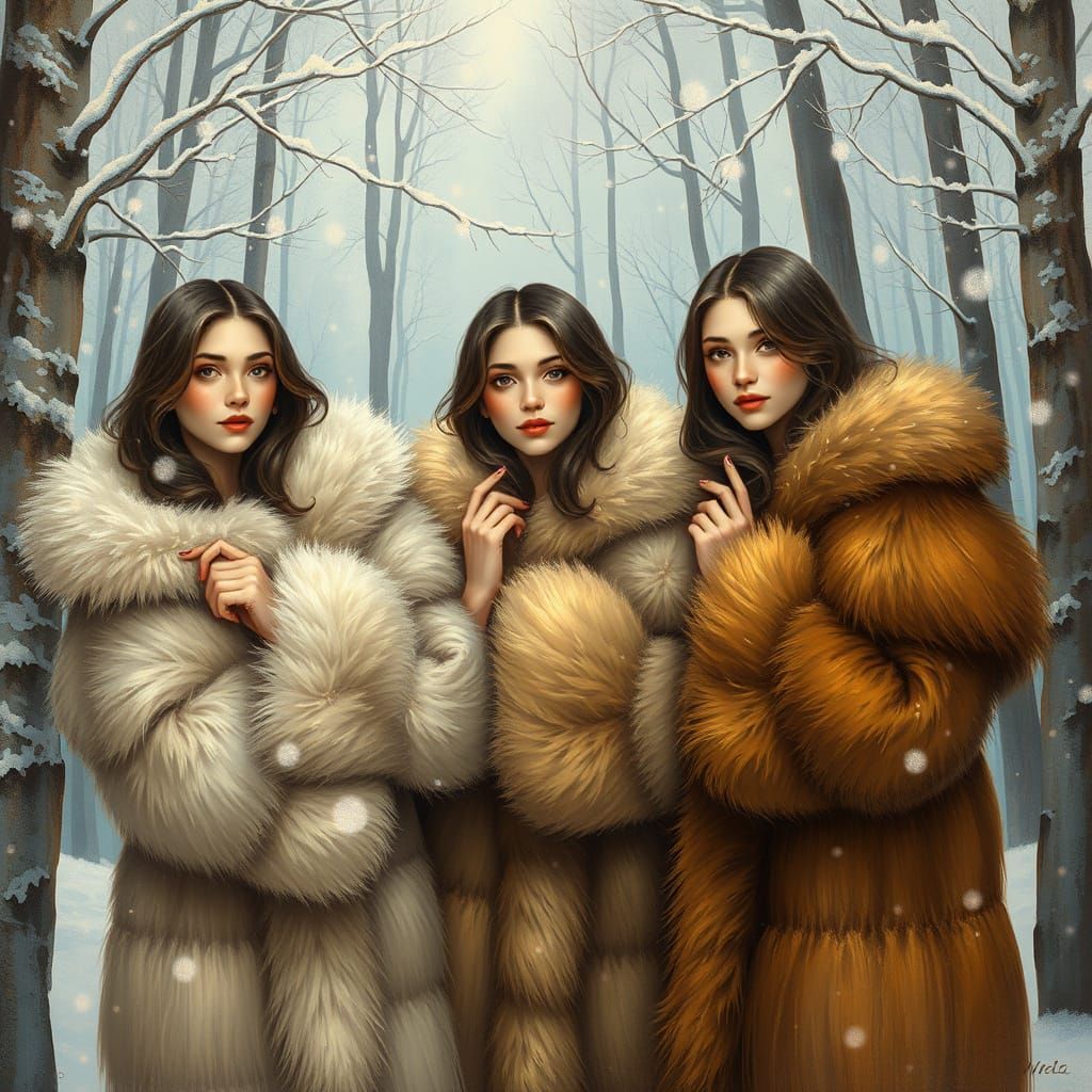 Women in Opulent Fur Coats Pose in Snowy Winter Forest