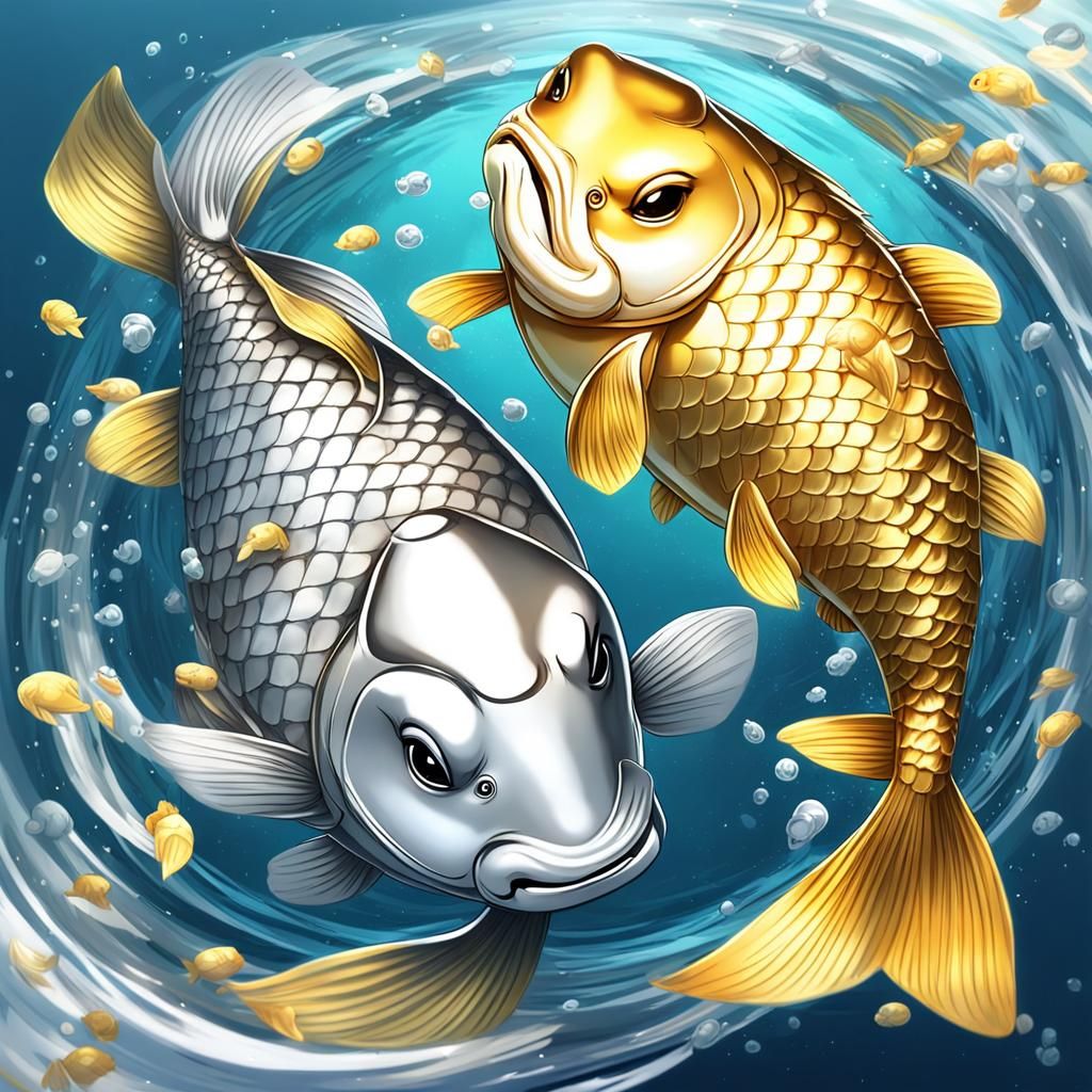 Yin and Yang: Gold and Silver Carp in Anime Style