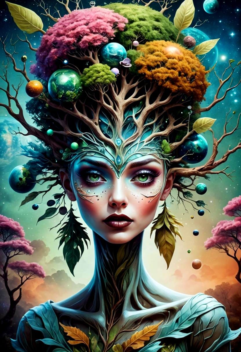 Cosmic Woman with Surreal Tree Hat