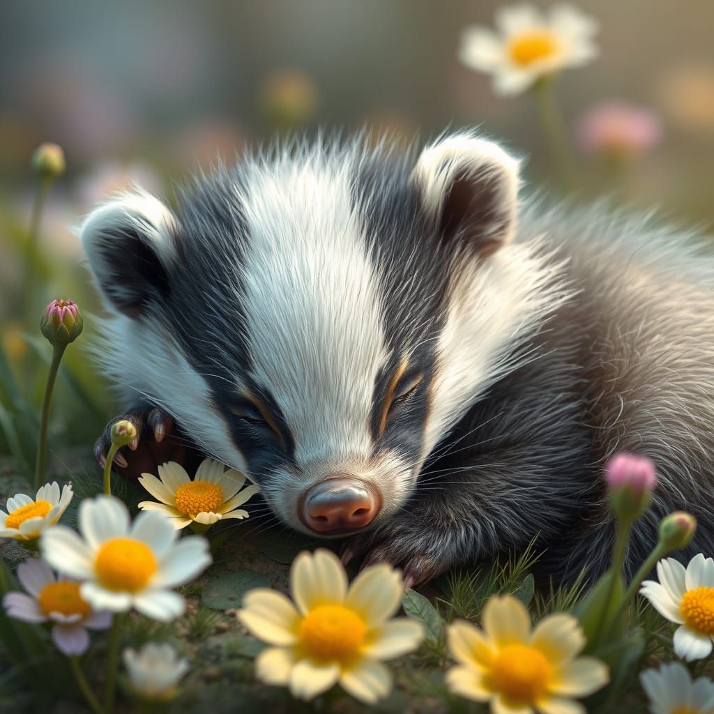 Whimsical Spring Scene with Sleeping Baby Badger