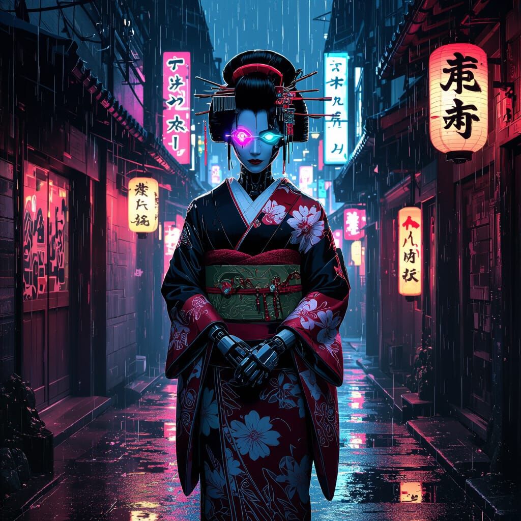 Cybernetic Geisha in Rainy Kyoto: Cyberpunk Style
