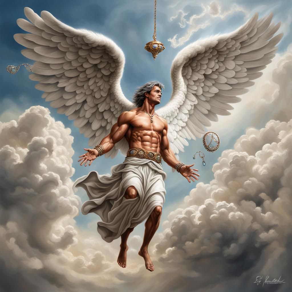 Flying Angel with Scroll, Hyperrealistic Drawing
