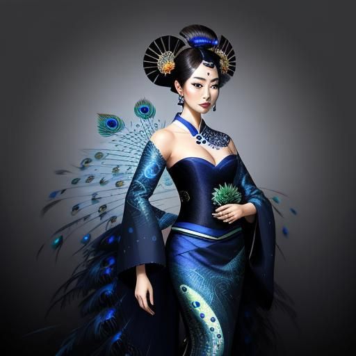Abstract Geisha with Peacock Feathers in Digital Art