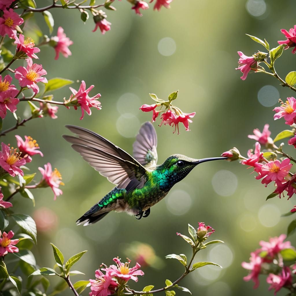 Neon Hummingbird in Radiant Sunlight: Macro Photography