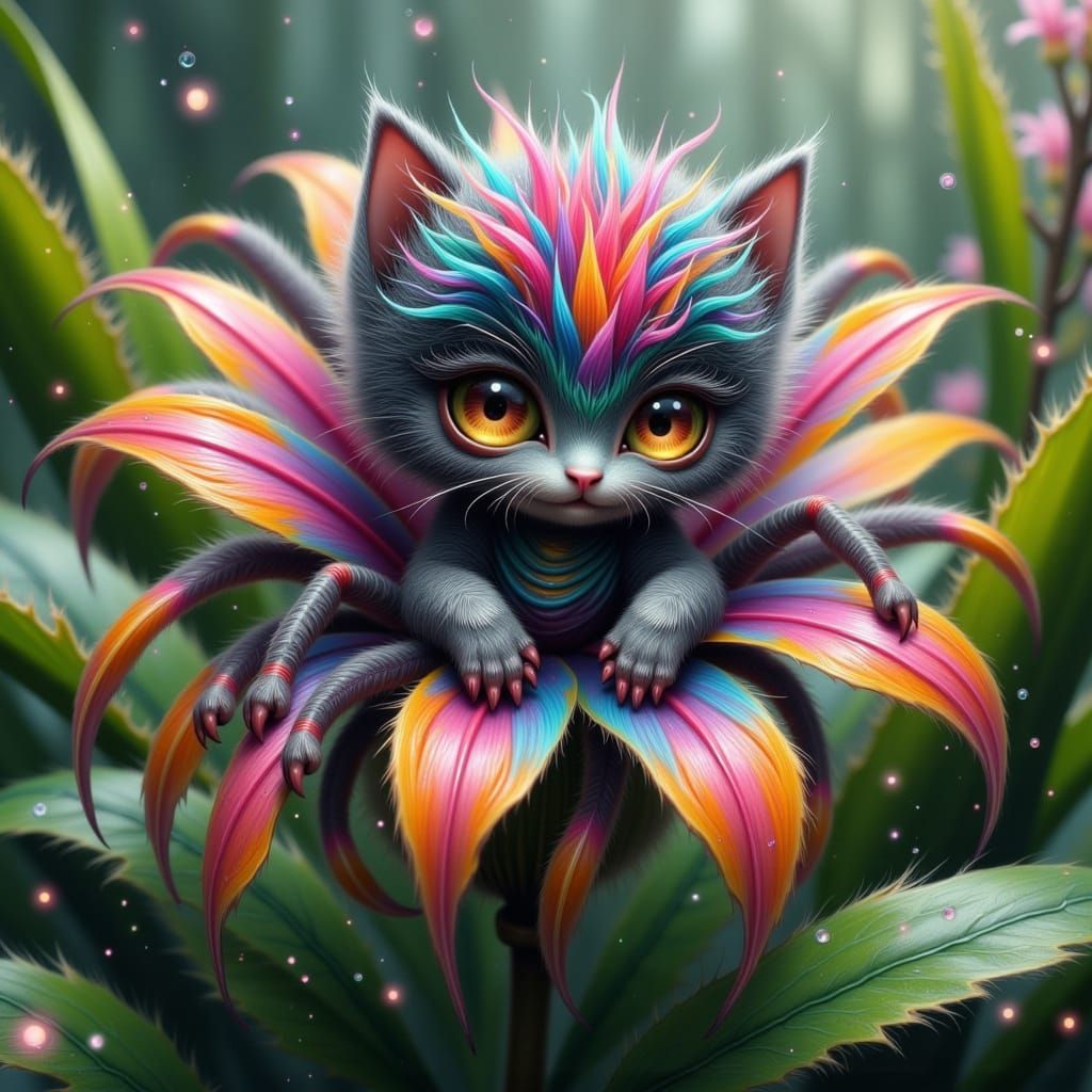 Whimsical Kitten Faerie on a Rainbow Flower
