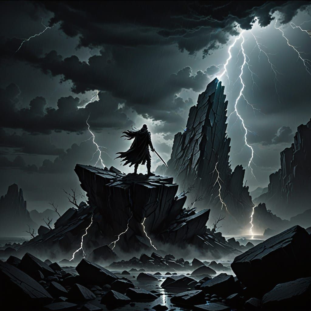 Shadowy Figure on Floating Rock Shard in Stormy Sky