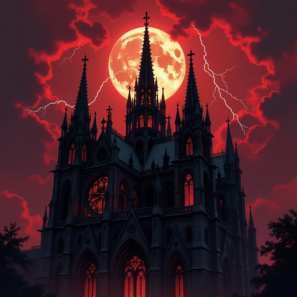 Gothic Cathedral in Stormy Sky, Victorian Dark Fantasy Style