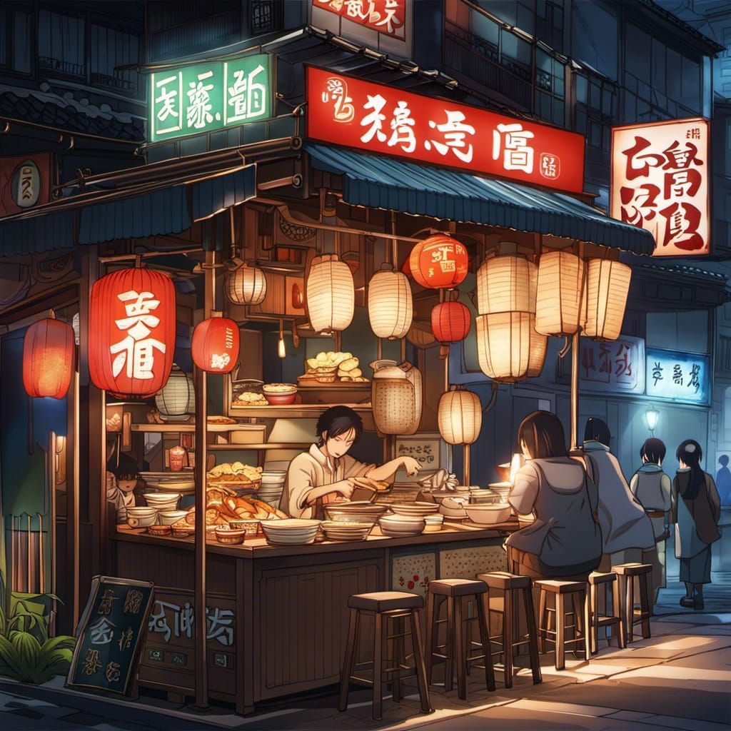 Anime Ramen Stall at Night in Manga Style