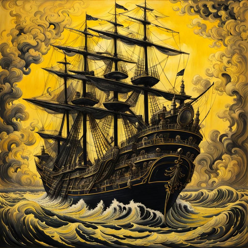 Black Ship on Yellow Ocean in Ink Wash Style