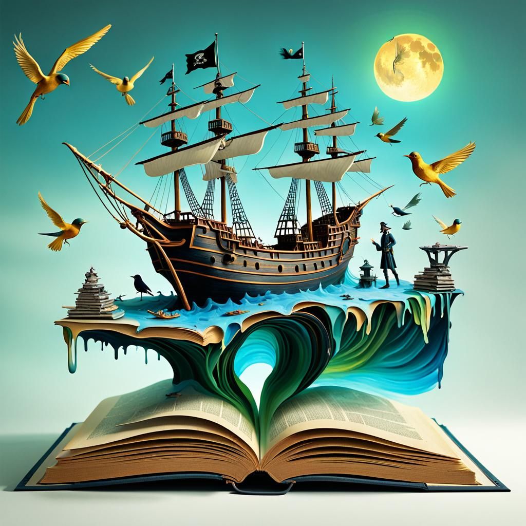 Surreal Pirate Ship Scene with Fairies and Elves