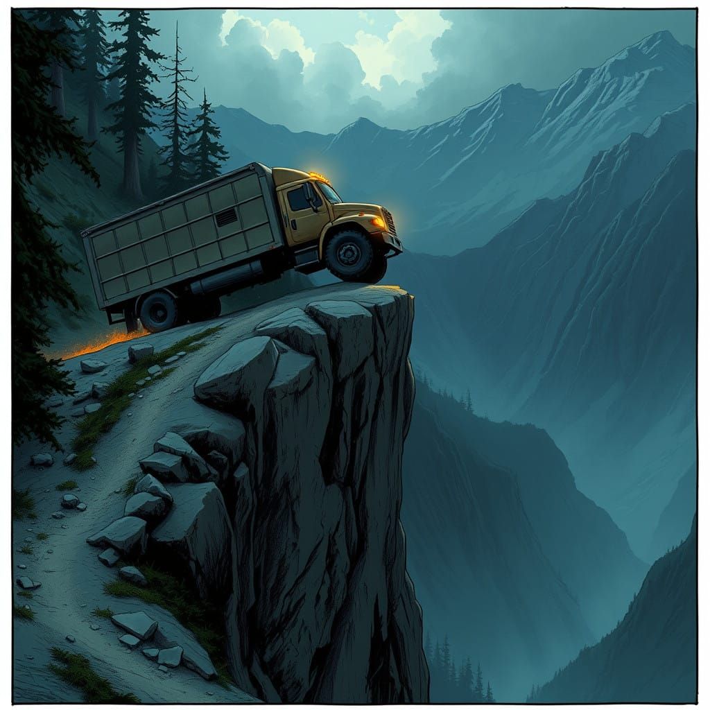 Truck Teeters on Precipice, Dramatic Cliffhanger in a Caspar...