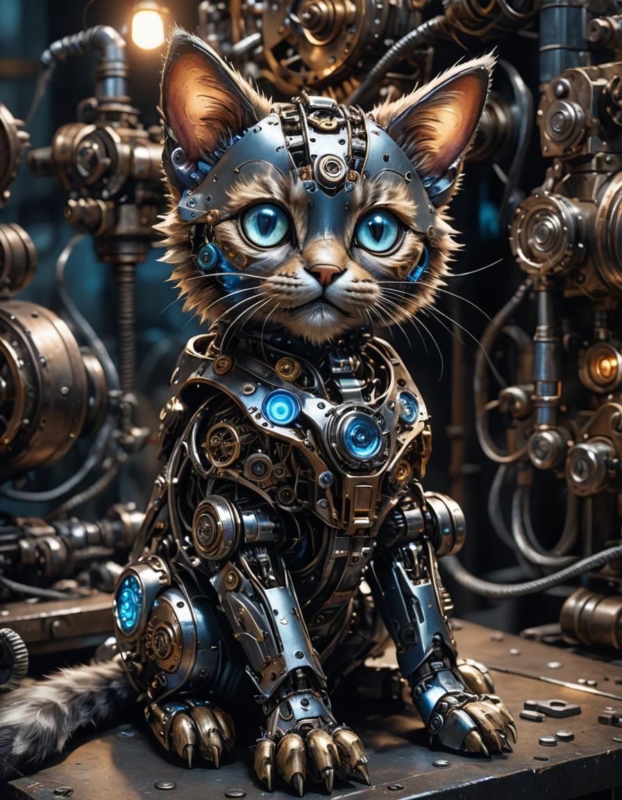 Steampunk Robotic Kitten in Workshop Concept Art