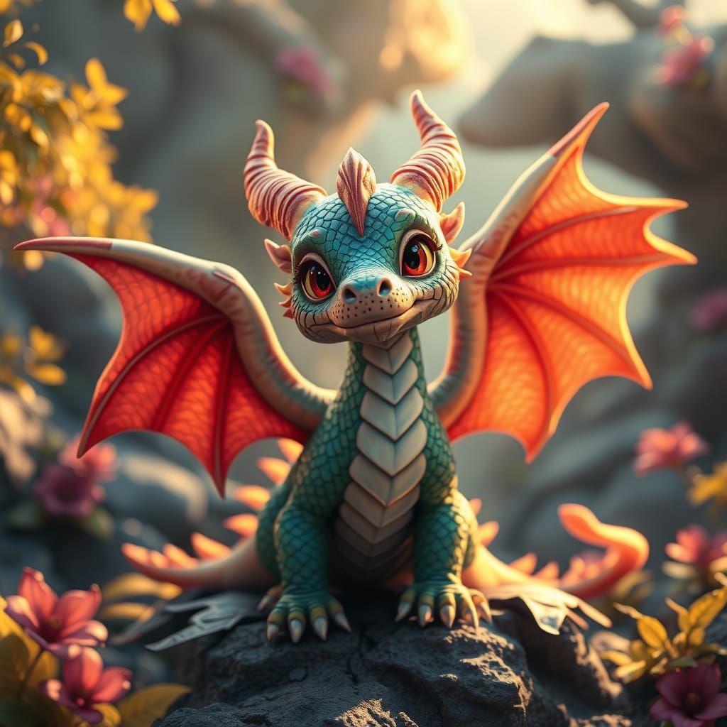 Adorable Dragon in Lush Fantasy Environment