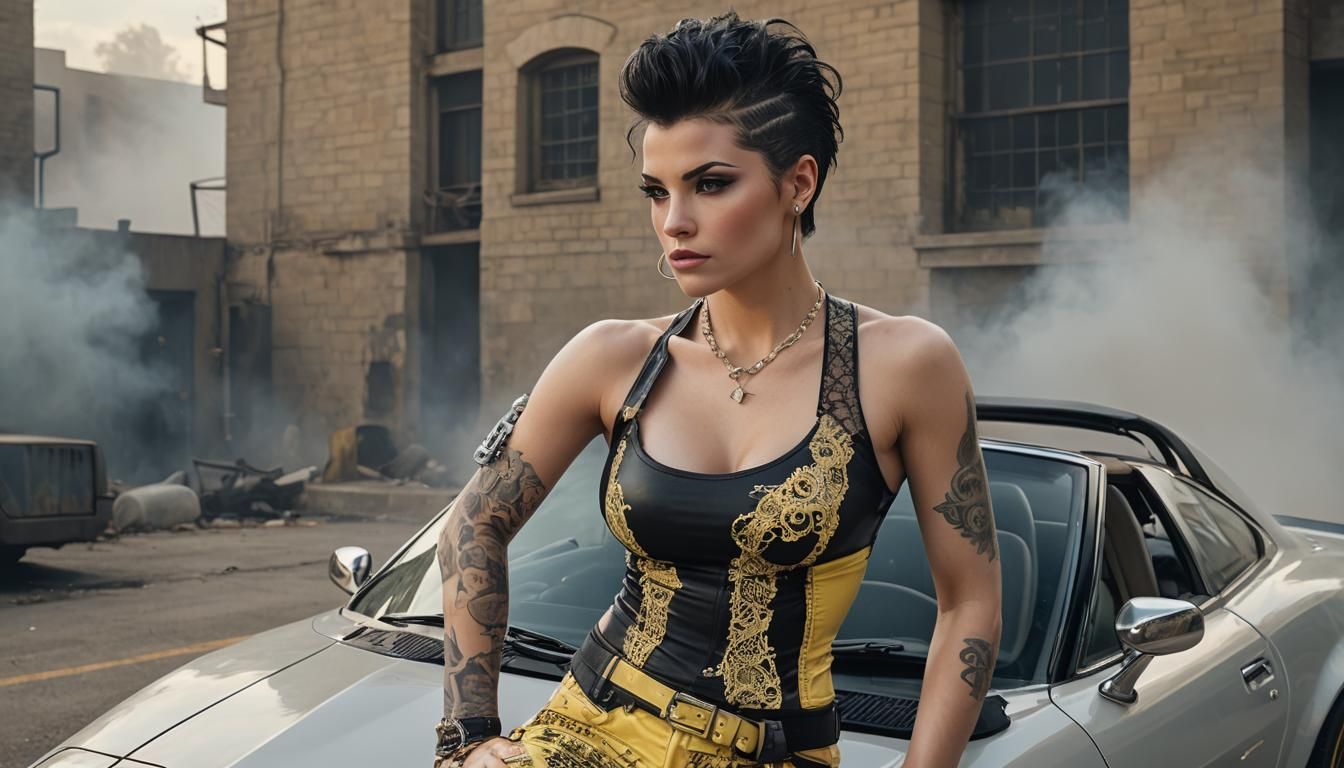 Mohawk Woman in Lace Leaning on Sports Car