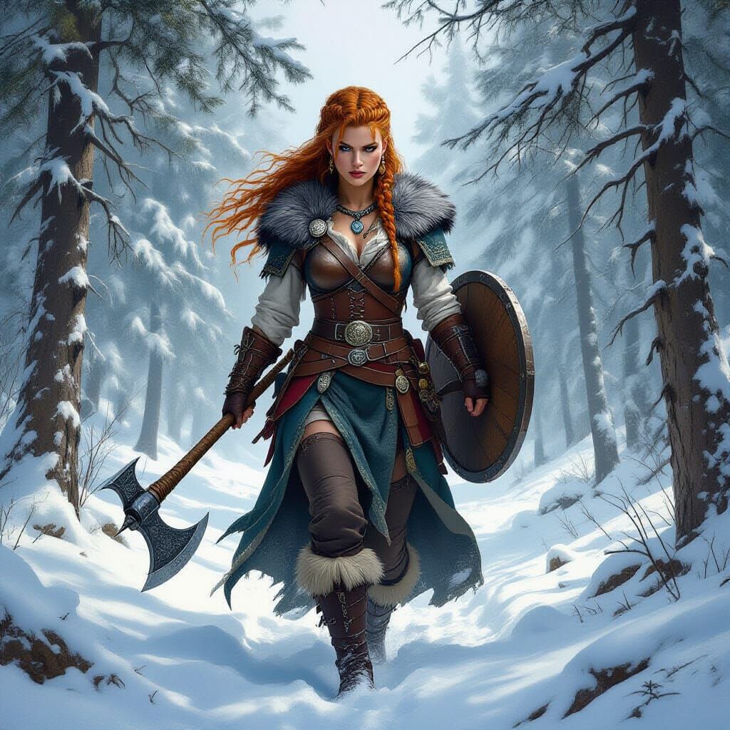 Viking Warrior Leading Warband Through Snowy Forest