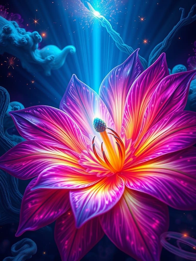 Bioluminescent Flowers Spiral in Neon-lit Sapphire Seas