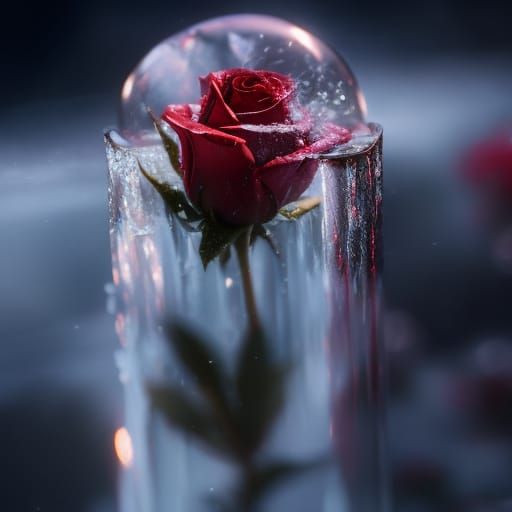 Frozen Red Rose Macro Photo in Ice