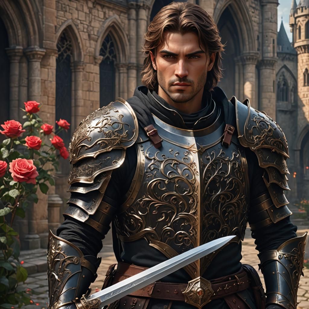 Dark Armored Knight with Rose Designs, Fantasy Art